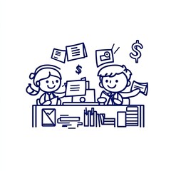 Fototapeta premium Line drawing of two people working at a shop. Paperwork flies everywhere in the background