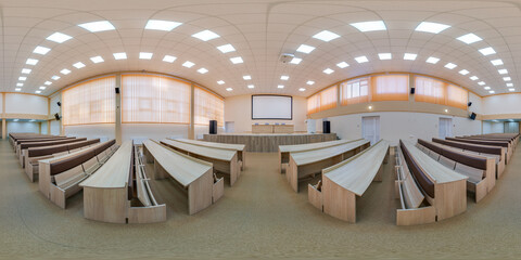 Obraz premium full seamless spherical 360 hdri panorama view in modern empty conference and in a huge lecture hall for students in equirectangular projection, AR VR content