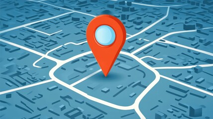 3D illustration of a map with a prominent location pin highlighting a specific area in a city