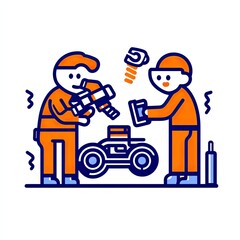 Mechanics repairing vehicle cartoon. Service, garage background. Useful for repair shop ads