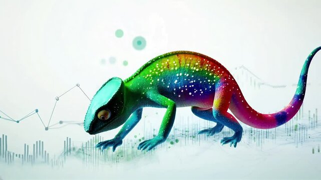 A vibrant digital illustration of a chameleon symbolizing business adaptability and market agility. The futuristic design merges technology, data analysis, and transformation concepts.