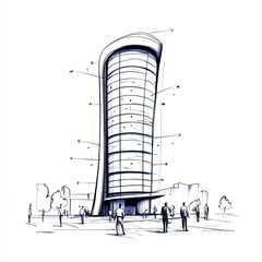 Modern building drawing; People walking on the street; White background, blueprint for architecture