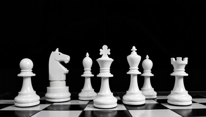 Monochrome chess pieces arranged artistically on board, strategic elegance