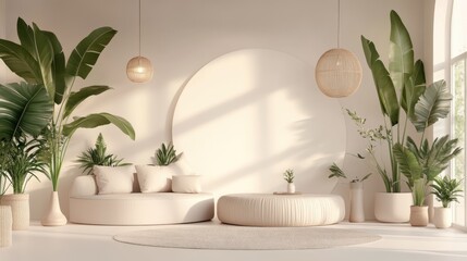 Serene Indoor Living Space with Green Plants and Neutral Tones