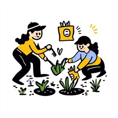 People gardening in spring planting seedlings for growth as a hobby with dirt background