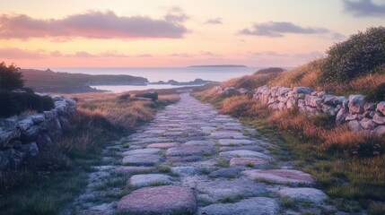 Scenic Stone Pathway at Sunset by the Coastline in Soft Colors