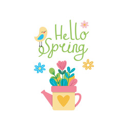 Cute hello spring quote. Floral springtime hand drawn prints design. Positive sticker, postcard or poster