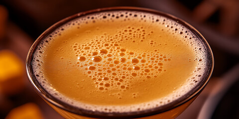 Close-up of a golden-hued beverage in a stemmed glass featuring a frothy surface with many small sparkling bubbles.