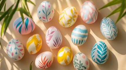 Obraz premium Unusually painted easter eggs with colorful botanical decorations are lying on a beige surface under a palm tree, creating a festive and tropical atmosphere. Fun Easter preparations, colouring ideas