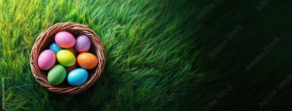 Poster easter eggs in a basket on a green grass background, a banner with a copy space area for text and a 