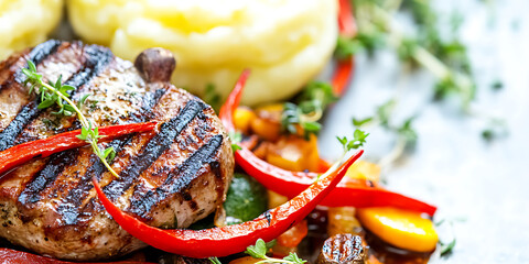 Grilled pork chop with grill marks accompanied by mashed potatoes roasted vegetables and fresh red chili peppers.