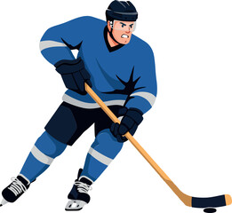 Obraz premium A determined hockey player in blue uniform skillfully handles the puck while skating on ice in a dynamic and energetic flat vector illustration