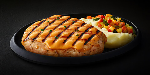 Grilled chicken breast with melted cheese served alongside creamy mashed potatoes and a colorful vegetable medley.