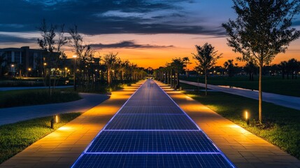 Fototapeta premium Modern Urban Pathway with Solar Lights at Sunset in City Park