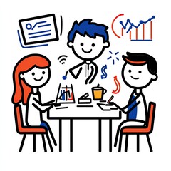 Team at meeting planning strategy with graphics. Use team building, brainstorming