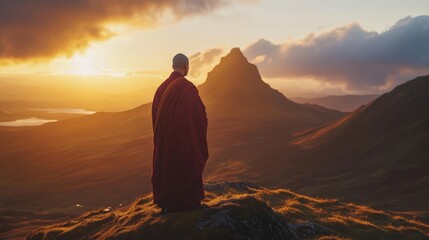 Obraz premium A serene figure gazes at majestic mountains during a breathtaking sunset over the tranquil landscape, embodying peace and reflection.