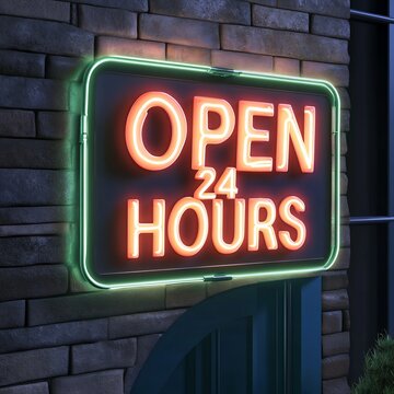 retro "OPEN 24 HOURS" neon glowing sign
