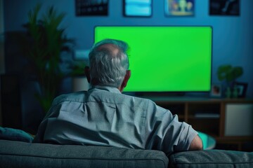 Old man watching the led tv with green screen in room