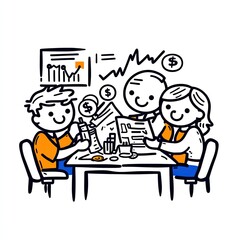 Team meeting reviews charts. Finance and statistics are analyzed in the background. Business purpose