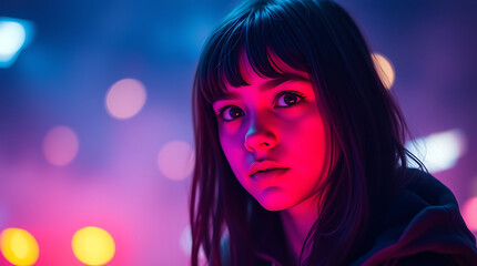 Obraz premium Cyberpunk portrait, young woman with bangs, neon lighting, red and blue glow, bokeh background, intense gaze, night scene, futuristic atmosphere, cinematic lighting, high contrast, vibrant colors, clo