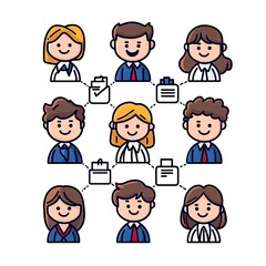 Teamwork Cartoon employees connected, sharing documents. Idea for collaboration concepts