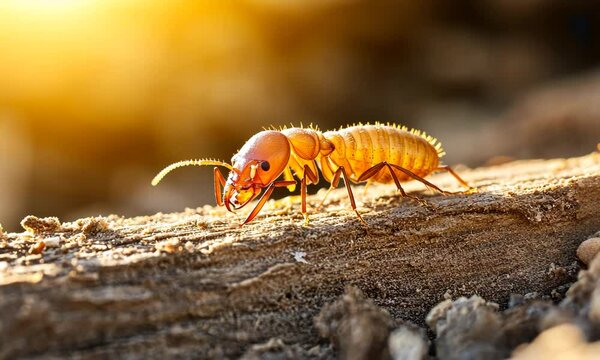 A close-up view of a termite foraging on wood, showcasing intricate details of its anatomy and the natural environment it inhabits, highlighting the beauty of small creatures.