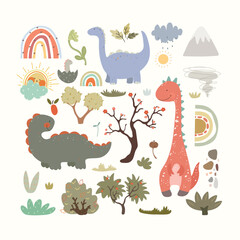 Set with dino, plants, fruits, volcano, clouds, rainbows,sun. Kids illustration, set with cute cartoon animals and nature. Vector illustration.	
