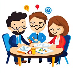 Three cartoon people are having a work meeting together to discuss finance data at a desk