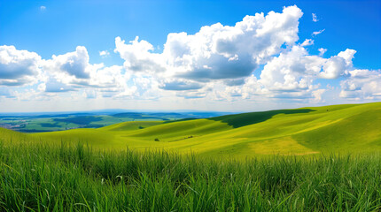 Fototapeta premium a picturesque landscape with rolling green hills under a bright blue sky dotted with fluffy white clouds.
