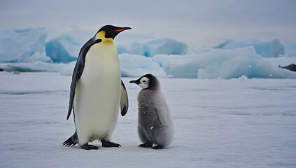 Obraz premium Emperor penguin with chick on ice floe