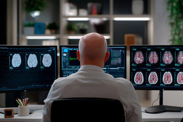 Russian neurosurgeon carefully analyzing brain scans on multiple monitors, preparing for a critical procedure with deep focus and medical expertise.