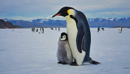 Fototapeta premium Emperor penguin family on ice