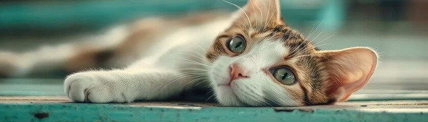 Intrigued cat contemplates the ceiling, portrait of feline curiosity on the floor