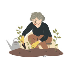 Gardening and Plant Care. Elderly Woman with Watering Can in Flat Style. Vector illustration on white background