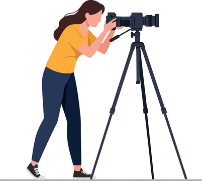 A woman photographing nature with a professional camera on a tripod in a flat design vector illustration showcasing focus and creativity in photography
