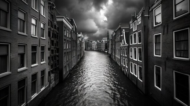  Dramatic sky above Amsterdam&rsquo;s historic canal houses, captured from a low angle, featuring dark clouds rolling in over traditional Dutch architecture, creating a moody and cinematic atmosphere.
