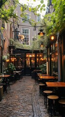 Cozy Amsterdam café in a hidden alleyway, featuring warm glowing lights, rustic wooden tables, lush greenery, and a charming European atmosphere perfect for a quiet escape.