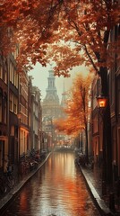 Fototapeta premium Scenic view of illuminated Dutch canal houses reflecting on calm water at dusk in Amsterdam, Netherlands, showcasing traditional architecture, warm city lights, and serene evening ambiance.