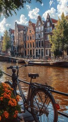Autumn scene in Amsterdam, Netherlands, with golden leaves, bicycles lined along the canal, and historic gabled houses reflecting on water, capturing the charm of European fall cityscapes.