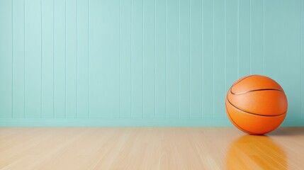 Obraz premium A basketball sits on a wooden floor in front of a teal wall, possibly used for practice