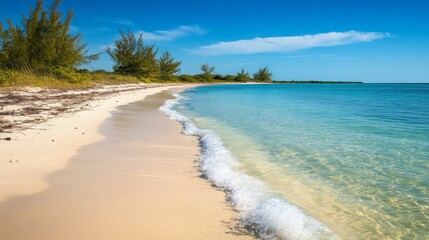 Obraz premium Tranquil Beach with Crystal Clear Water and Lush Greenery