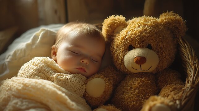 A newborn sleeps in a basket next to a teddy bear, a classic and tender scene perfect for birth announcements.