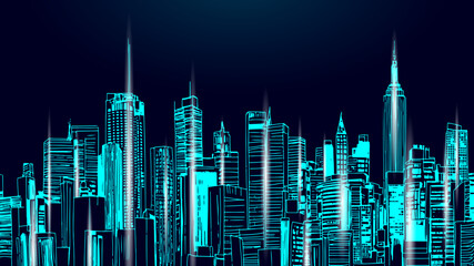 City skyline illustration glows. Skyscrapers dominate urban landscape. Design suits technology company branding, website background. Line art style, low angle, dark