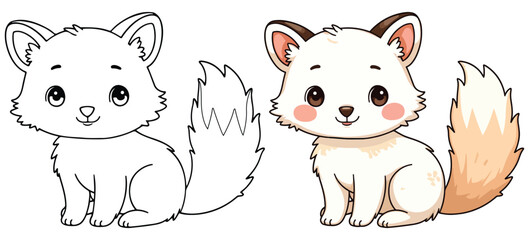 Funny Kids Cute Fox Isolated Line Art Vector Outline Illustration Black and White with Coloring Sample