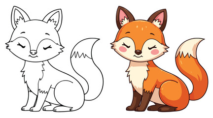 Cute Fox Isolated Line Art Vector Outline Illustration Black and White with Coloring Sample