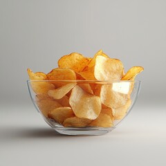 potato chips in a bowl,Yellow-colored potato chips, intended for food photography and promotion, set against a premium grey background.