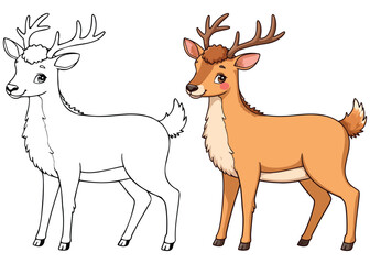 Cute Deer Isolated Line Art Vector Outline Illustration Black and White with Coloring Sample