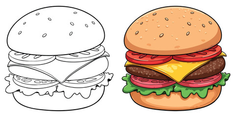 Burger Isolated Line Art Vector Outline Illustration Black and White with Coloring Sample