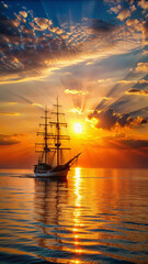 Sailboat at sunset slowly moves. Sailing into the sunset with bright hues illuminating the sky above the calm sea.