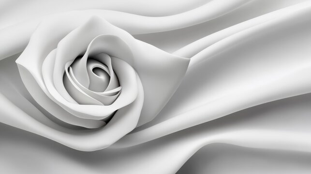A white rose on satin fabric with soft folds, for elegance, luxury, bridal themes, and greeting cards